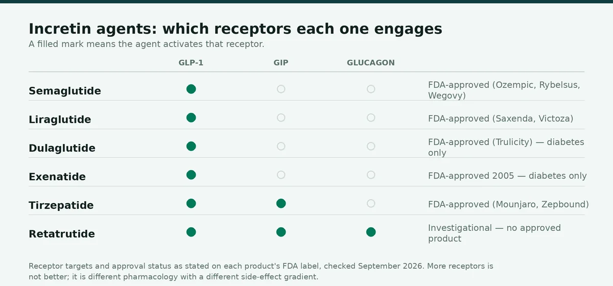 Chart: GLP-1 peptides — which receptors each incretin agent engages
