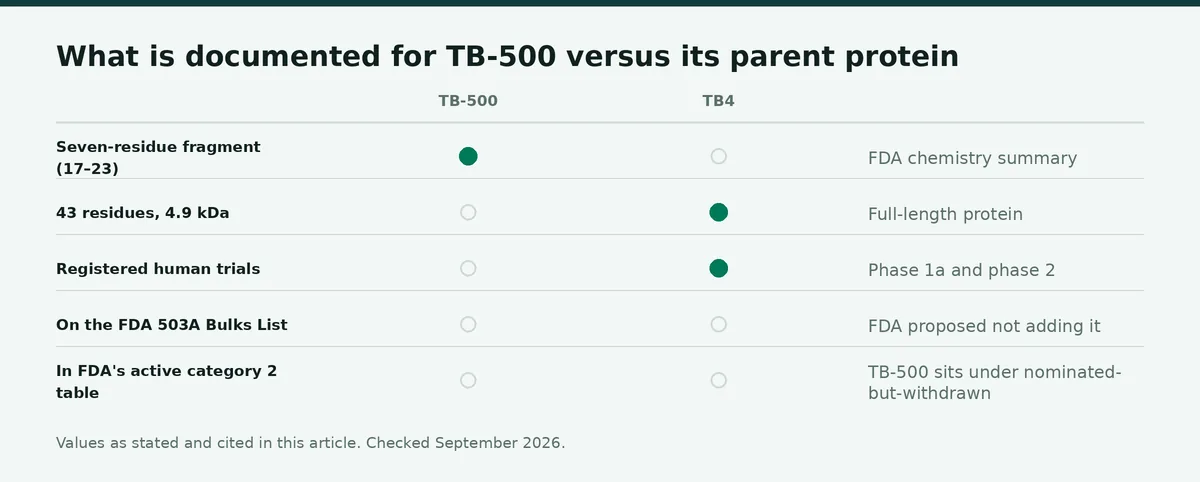 Chart: What is documented for TB-500 versus its parent protein